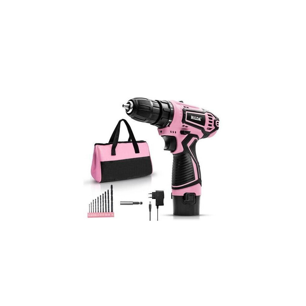 12V Drill-Driver Set with 10 Drills - Adjustable Speed - Pink