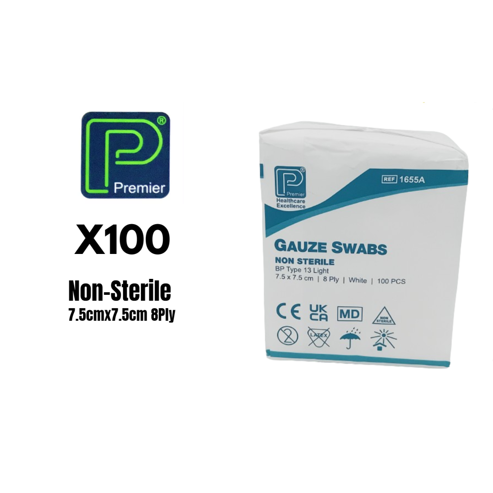 Premier By Dead Sea Premier Gauze Swabs 1655A Non-Sterile 8 Ply 7.5Cm X 7.5Cm 100 Swabs - Ref: Pm1655a