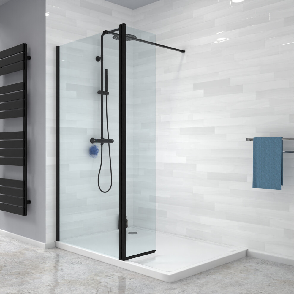 Nes Home Wet Room 900 Shower 8mm Tempered Glass Screen With 300mm Flipper Panel Black