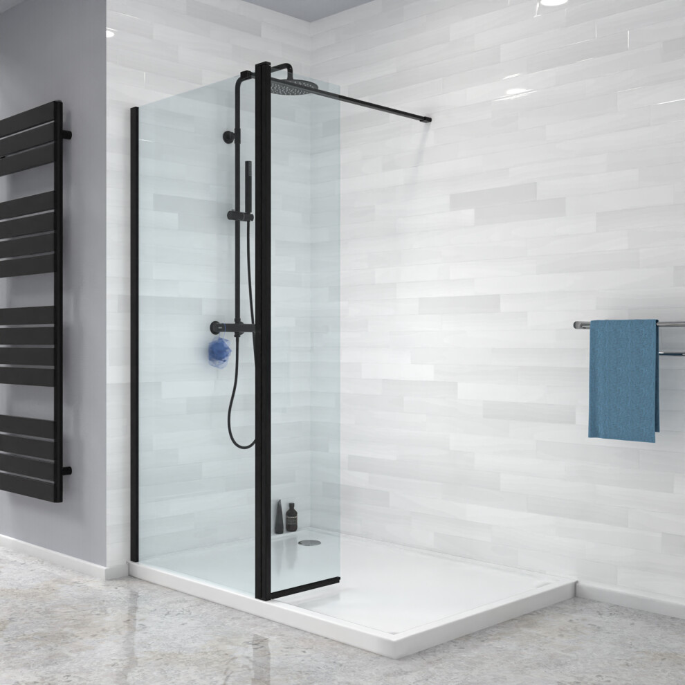 Nes Home Wet Room 700 Shower 8mm Tempered Glass Screen With 300mm Flipper Panel Black