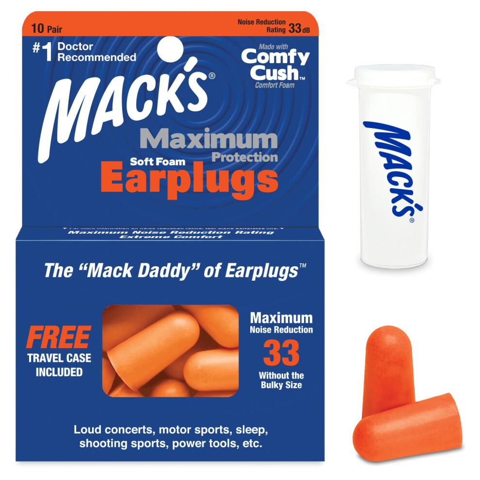 Mack's Maximum Protection Soft Foam Earplugs Â 10 Pair, 33 Db Highest Nrr Â Comfortable Ear Plugs For Sleeping, Snoring, Loud Concerts, 640823516557