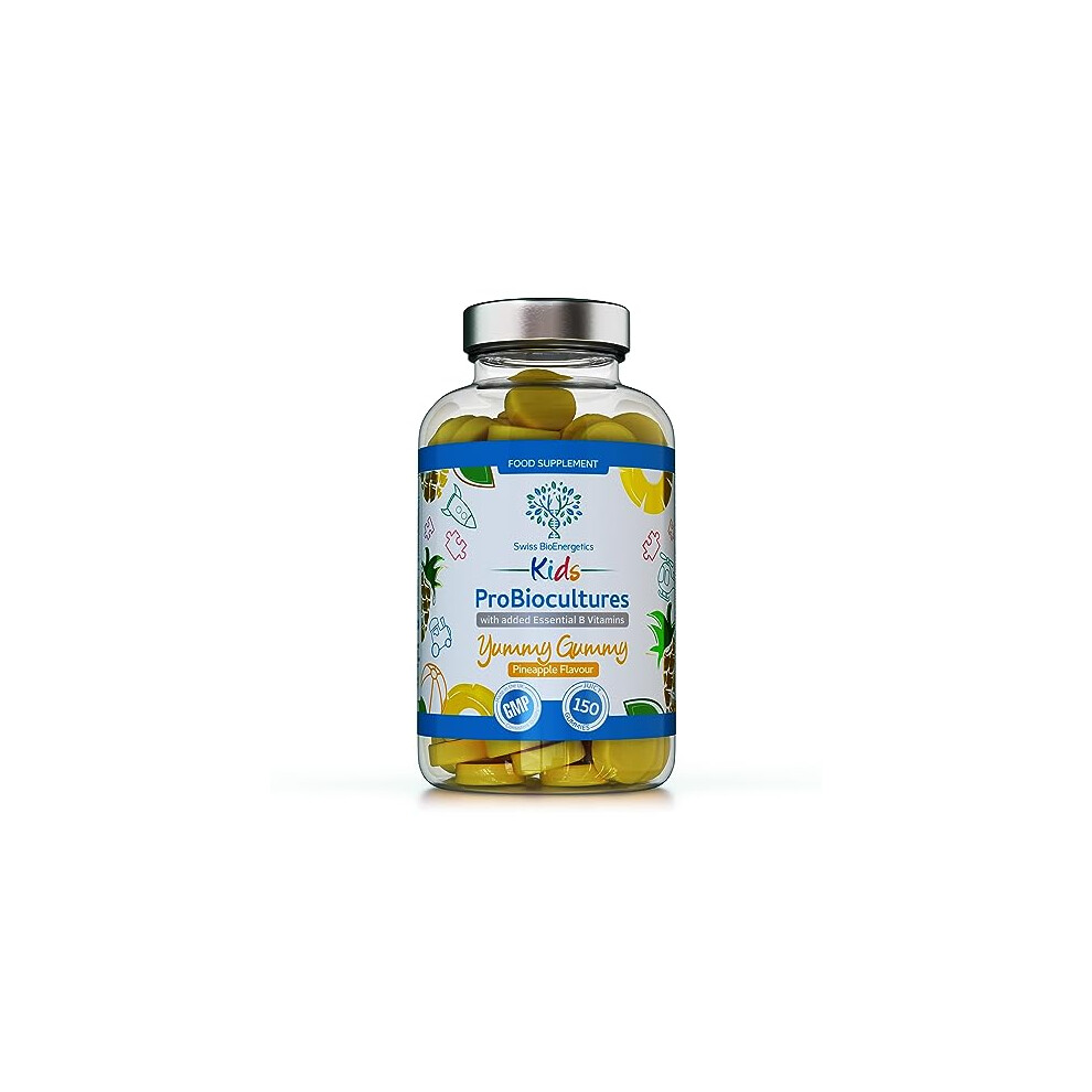 Swiss Bioenergetics Kids Probiotics/Probiocultures Gummies - 150 Children's Probiotics Multi-Strain Gummies - Natural Pineapple Flavour Â With Added B & C Vitamins For