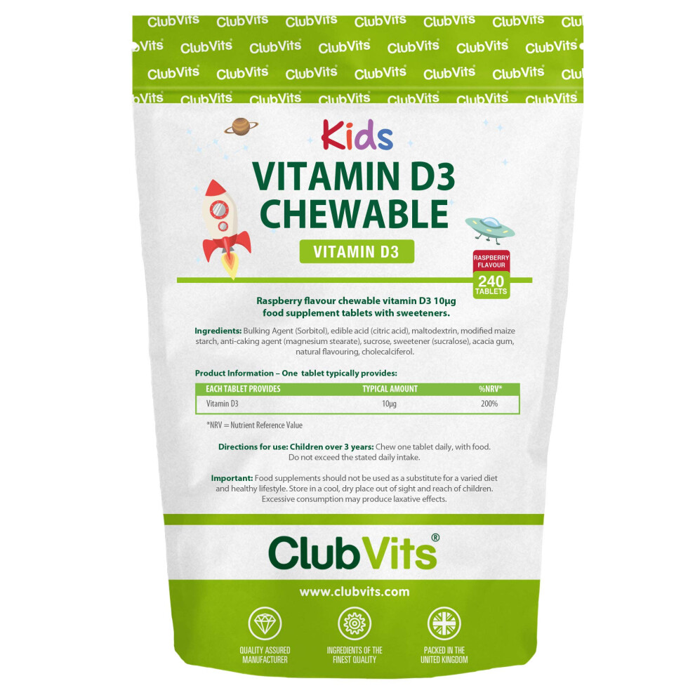 Kids Chewable Vitamin D - VIT D Supplement for Children - Raspberry Flavour One a Day Chewable Tablets - 240 Day Supply - Club Vits