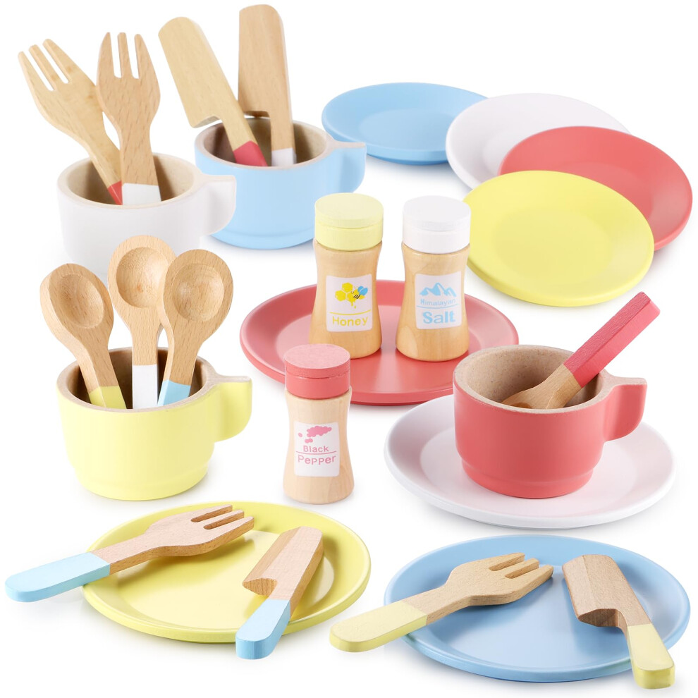 Wooden Toy Kitchen Dish Set [2024 upgrade] Toddler Plates And Cutlery Set Toy Kitchen Accessories 27PCS Kids Role Play Gift For Age 3+ Years