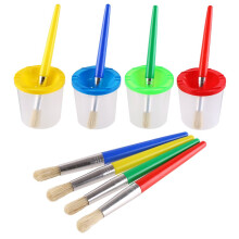 Paint Cups with Brushes, 4 Anti Spill Paint Pots with Lids and 4 Paint Brushes Set Children School Supplies