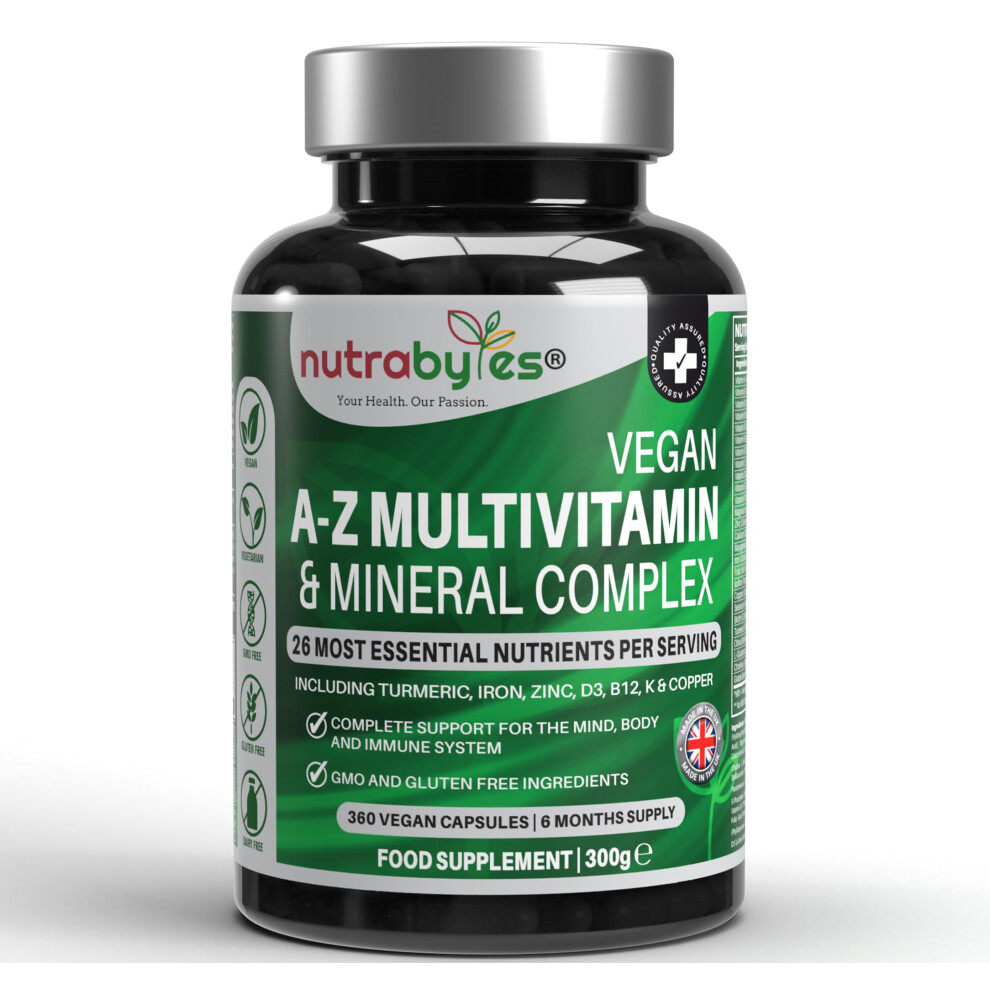 Nutrabytes Vegan Multivitamin And Mineral Complex, 360 Vegan Multivitamin Capsules For Women And Men, 26 Essential Vitamins And Minerals, Natural, 100% Plant