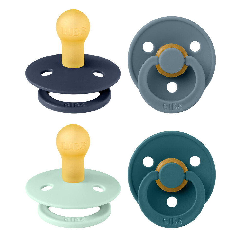 Bibs Colour Soother 4-Pack, Bpa Free Dummy Pacifier, Round Nipple. Natural Rubber Latex, Made In Denmark. 0-6 Months (Pack Of 4), Baby Boy Colours
