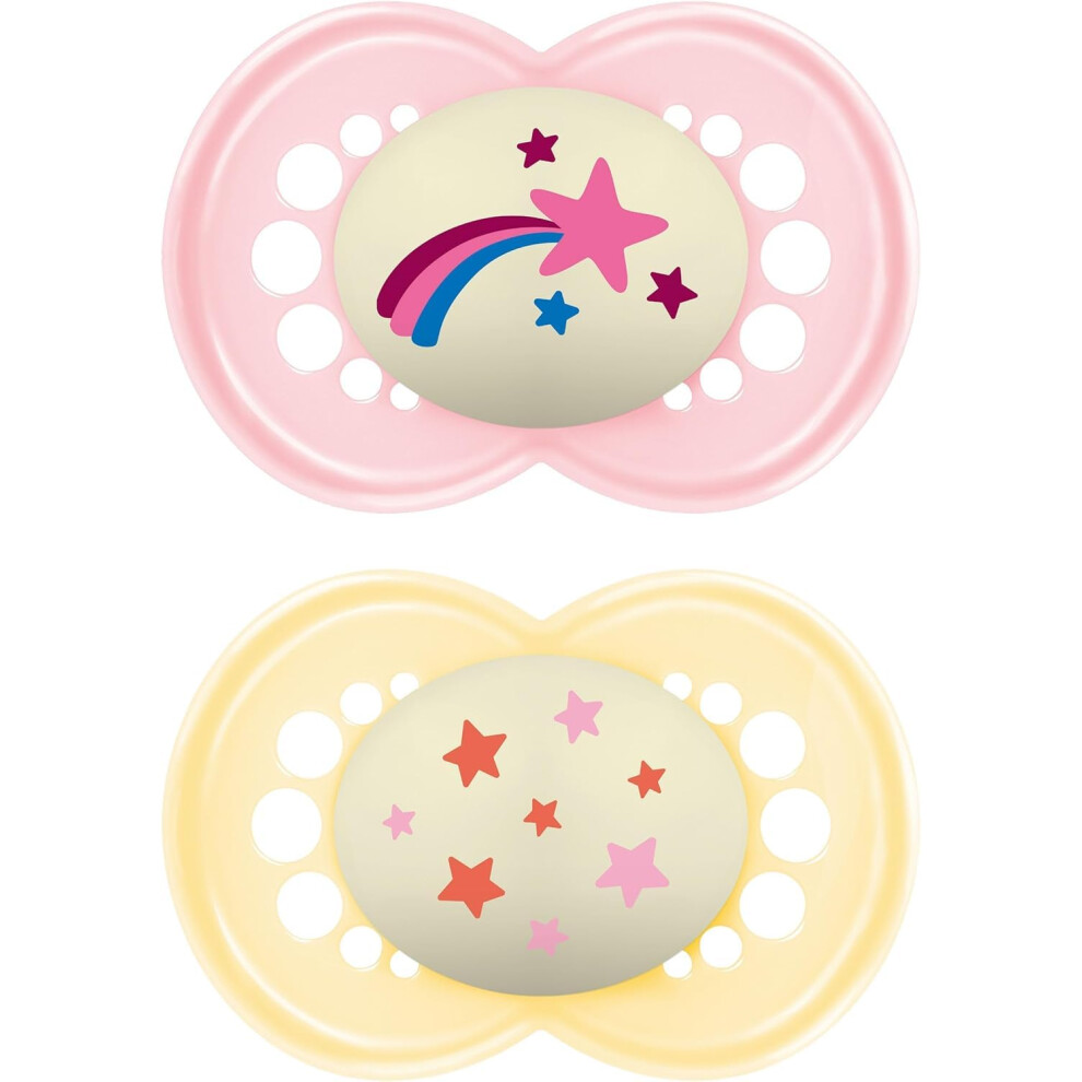 Mam Original Night Soother 16+ Months (Pack Of 2), Sustainable Baby Soother, Skinsoft Silicone Teat, Glow In The Soother, (Designs May Vary) Dark/Pink