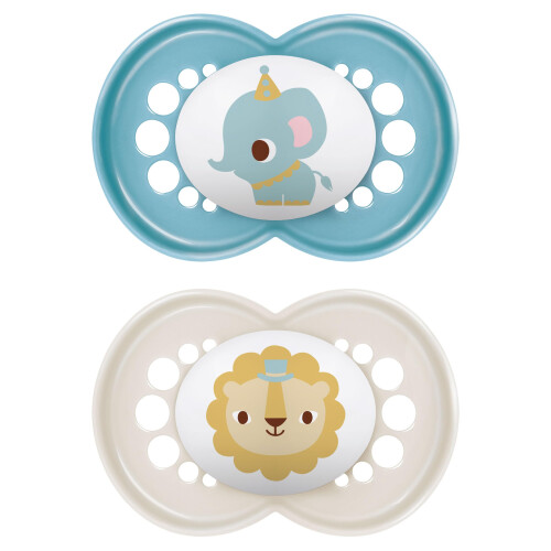 MAM Original Soothers 6+ Months (Pack of 2), Baby Soothers with Self Sterilising Travel Case, Newborn Essentials, Blue/Grey (Designs May Vary)