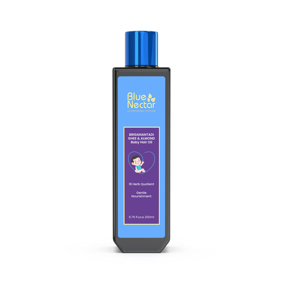 Ayurvedic Baby Hair Oil With Organic Ghee, Almond Oil, Coconut Oil & Olive Oil For Hair And Scalp (18 Herbs, 200 Ml) Blue Nectar