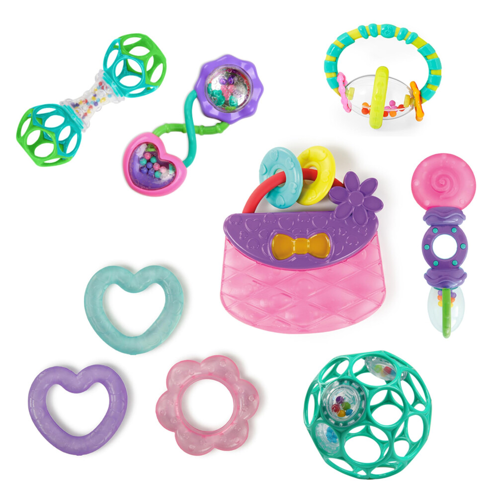 Everything Nice 9pc Gift Set - BPA-Free Rattles and Teethers, Purple and Pink Baby Toys, Newborn+