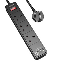 Extension Lead with 4 USB Slots (3.4A, 1 Type C and 3 USB-A Ports),POWSAF Power Strip Surge Protector with 3 way plug extension Socket and 2M