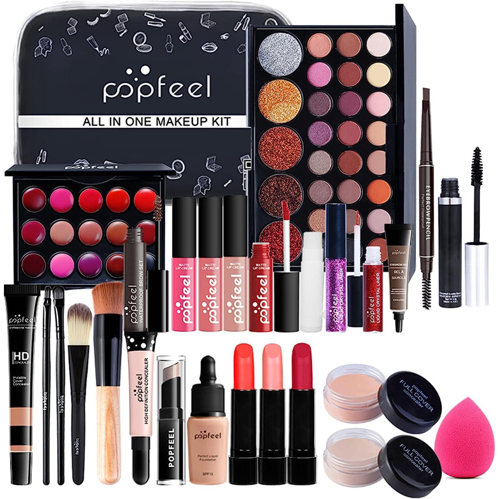 Roseflower 28Pcs Professional Makeup Set, Essential Make Up Starter Set All-In-One Make-Up Gift Sets With Cosmetic Bag Eyeshadow Palette Lip Gloss Concealer