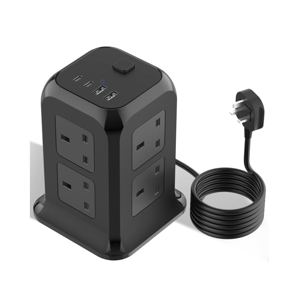 Extension Lead Tower with USB C, 12 Way Outlets Surge Protected Extension Tower with 4 USB Ports (2.4A), 3250W Extension Cord, Overload Protection, 2M