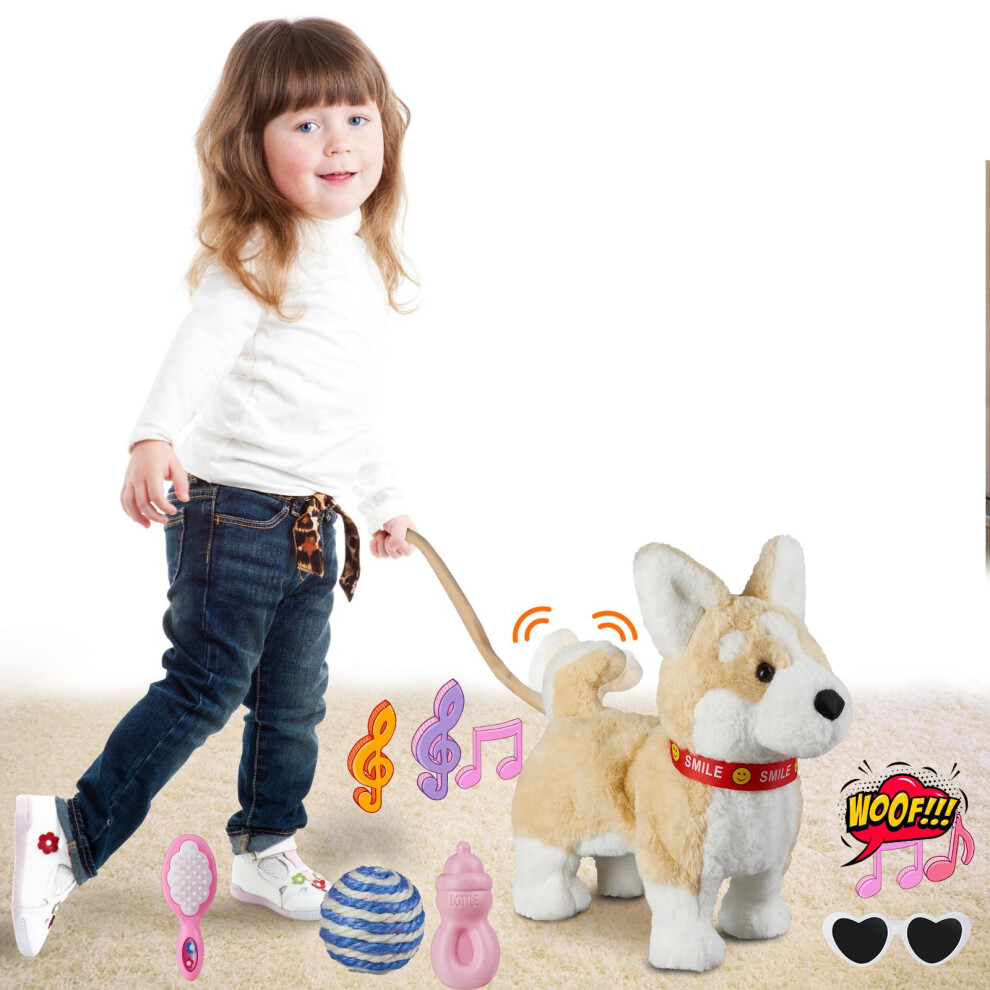 Corgi Walking Dog Barking Musical Singing Dancing Dog, Volume Control Interactive Puppy Walk Along with Leash, Wagging Tail Shaking Head, Electronic