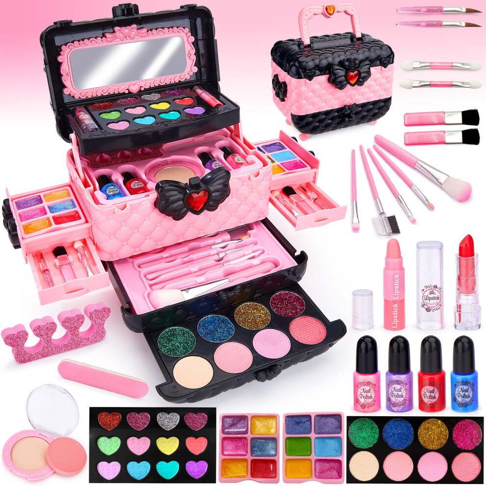 Kids Makeup Sets for Girls, 53 Pack Real Washable Make Up Set Toy for Little Girl Age 3 4 5 6 7 8 9 10 Years with Pink Butterfly Drawer Box for Girls