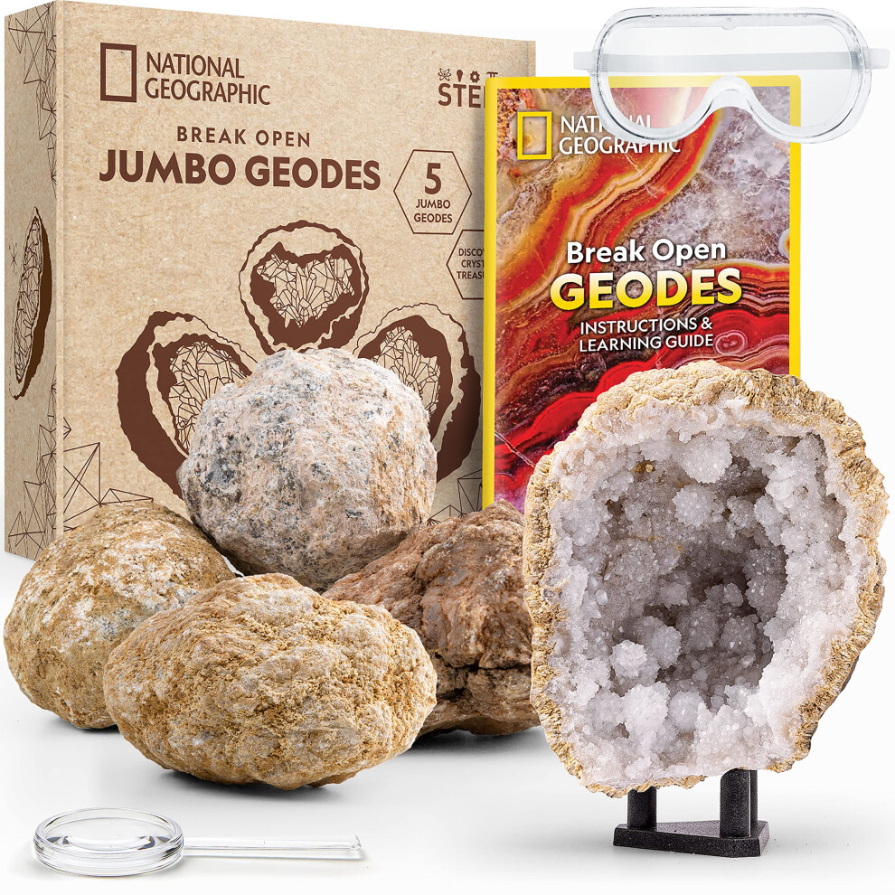 Break Open 5 Jumbo Geodes - Earth Science Kit with 5 Premium, 8-10 cm Geodes with Crystals, Goggles, Learning Guide & Display Stands, Science Gifts,