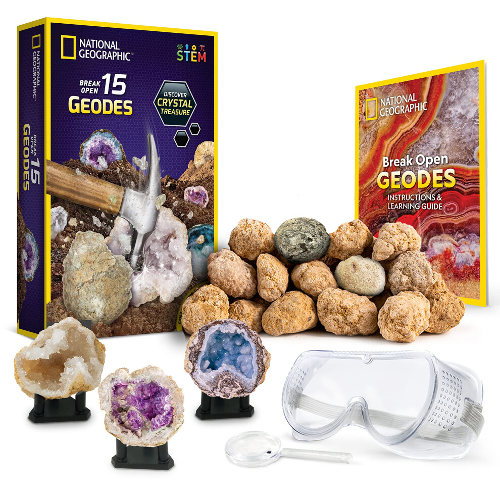 - Break Open 15 Premium Geodes â Includes Goggles, Detailed Learning Guide & 3 Display Stands - Great Stem Science Gift for Mineralogy & Geology