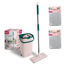 Flat mop mobile phone with handle and bucket, made of microfibre, absorbent, for floor cleaning, without water stains, pink-green, 2 extra cartridges,