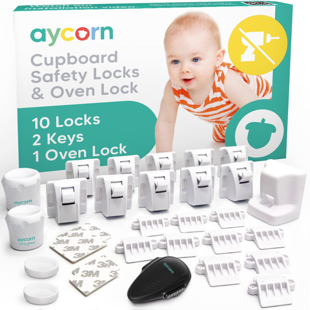 Aycorn Magnetic Safety Cupboard Locks [10X] & Oven Lock [1X] For Children [Includes 2X Keys] Child & Baby Safety Proofing For Kitchen, Cabinets And