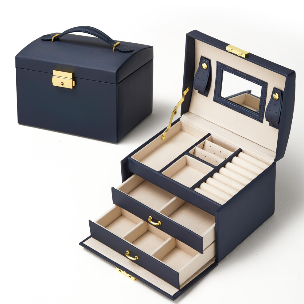 Jewellery Box, Jewellery Oganiser, 3 Layers PU Leather Jewelry Storage Box with Mirror and Lock, for Rings Bracelets Earrings Necklaces, Navy Blue