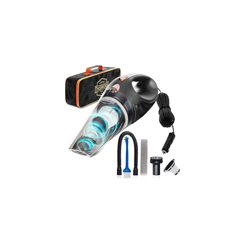 Thisworx Car Vacuum Cleaner - Portable, Lightweight, Powerful, Handheld Vacuums W/Strong Suction, 3 Attachment Accessories, Carry Case - 12V, 4.8M 600291935953