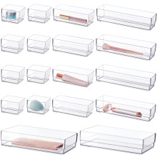 SimpleSort 18-Piece Stackable Clear Drawer Organizer Set | Multi-size Trays | Makeup Vanity Storage Bins and Office Desk Drawer Dividers | Made in USA