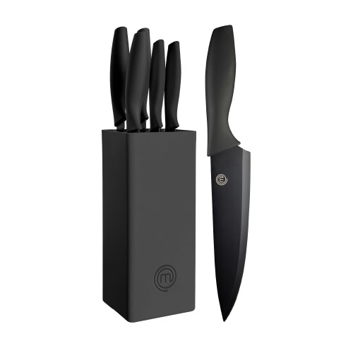 MasterChef Knife Set with Block - 5 Stainless Steel Kitchen Knives (Chef, Paring, Utility, Carving, Bread) with Soft-Touch Handles