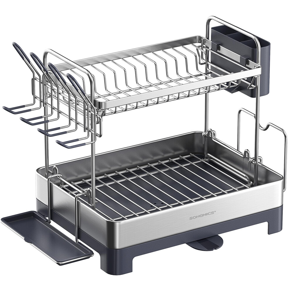 Dish Drying Rack, 2-Tier Dish Rack for Kitchen Counter with Rotatable and Extendable Drain Spout, Dish Drainer with Utensil, Cup, Glass, Cutting Board