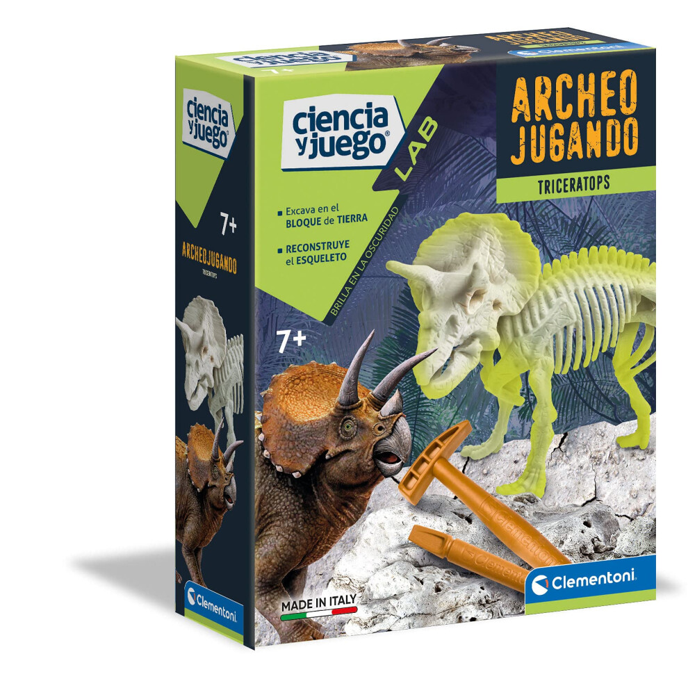 New Clementoni - Archaeoplaying Triceratops Phosphorescent - Scientific Game For Digging And Riding Dinosaurs From 7 Years Old, Toy In Spanish (55031)