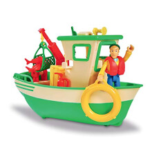 109251074002 Sam Le Pompier - Bateau de Pêche Flottant - Grue Mobile + Treuil Mécanique - 1 Figurine Incluse Boat, Green