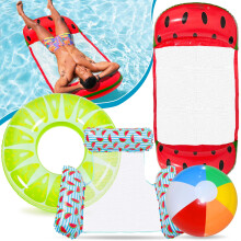 Pool Float Water Hammock,Swimming Pool Floating Chair, 4 in 1 Pool Floats Set, 2 Fruit Water Water Hammock Lounge Armchair, Swimming Ring, Beach Ball,