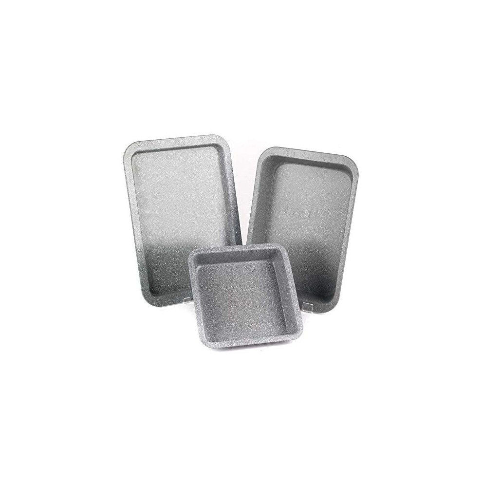 COMBO-2184 Marble Collection Carbon Steel Non-Stick 3 Piece Set, includes Square Pan, Roaster and Baking Tray, Oven Safe up to 220c, PFOA Free, Easy