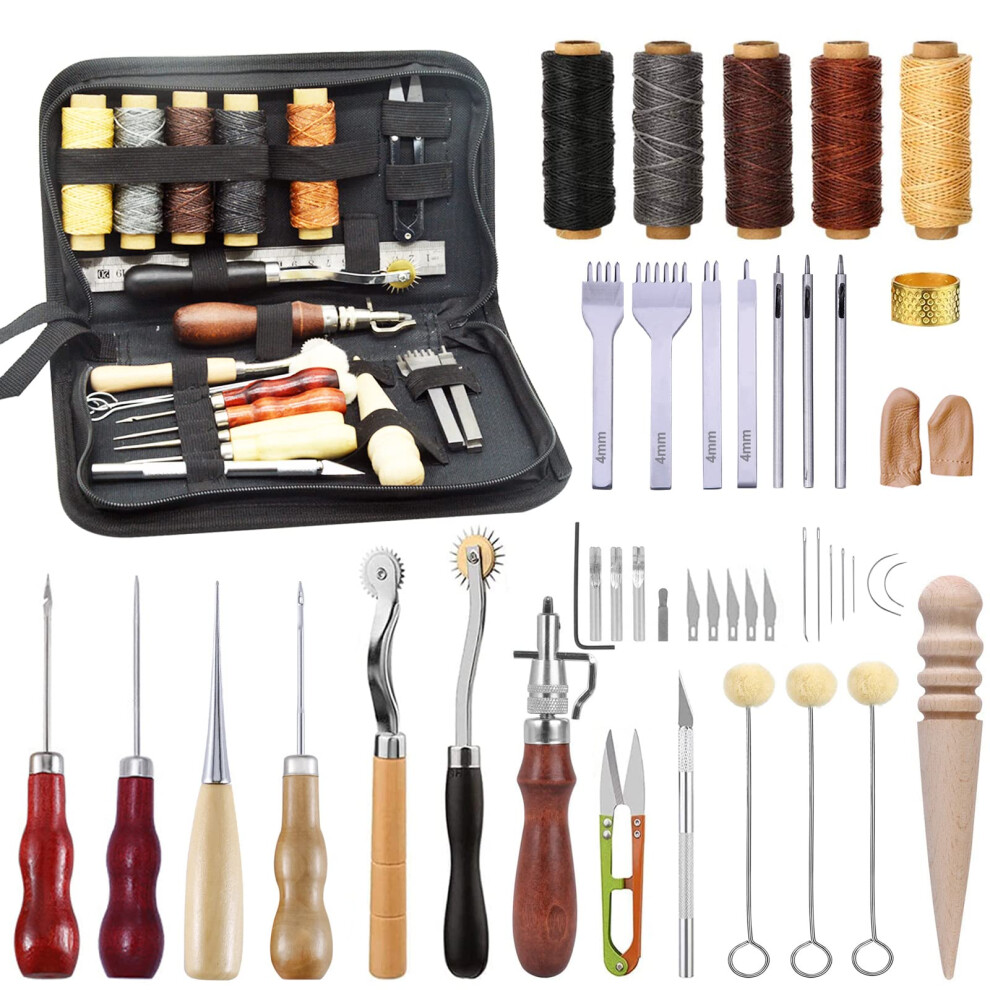 Leather Tools for Leather Working Professional,Leather Working Tools for Beginners,Leather Tools with Waxed Thread Stitching Groover Awl,Leather