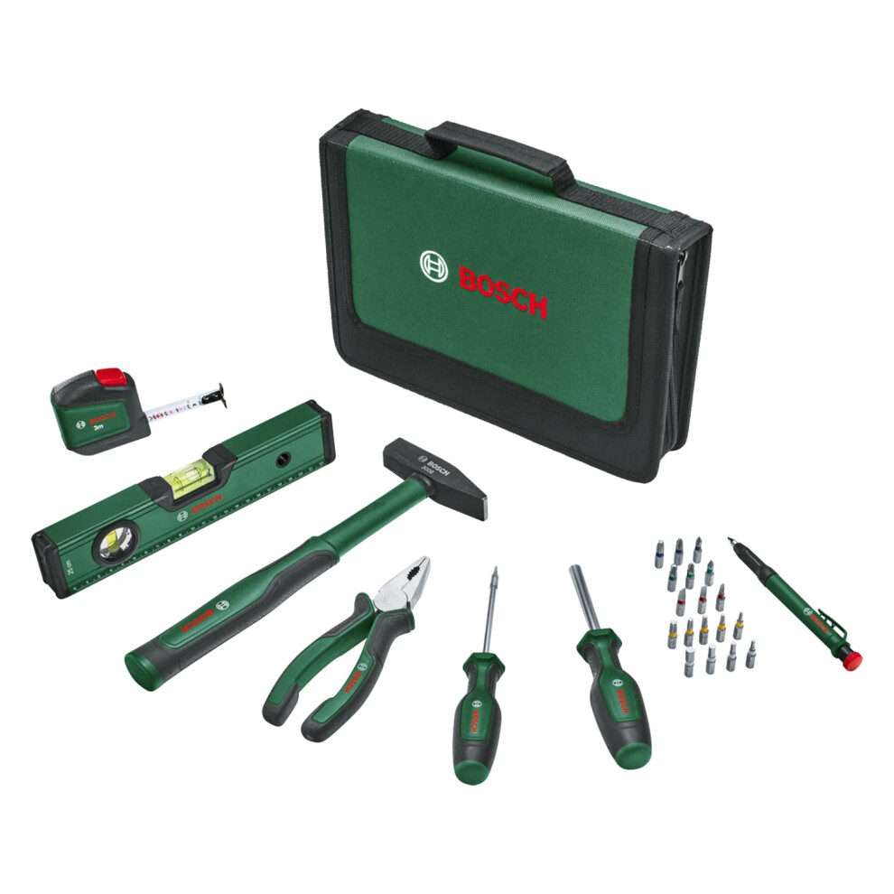 Bosch Home And Garden Universal Hand Tool Set 25-Piece (Versatile Tool Kit For General Purpose Diy Around The Home; Combination Pliers; Tape Measure; Spirit
