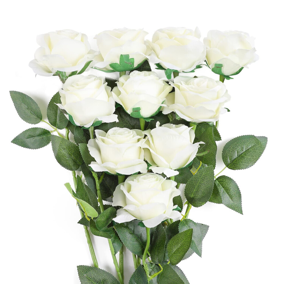 Rose Artificial Silk White Rose Flowers Single Long Stem Fake Rose Bouquet Home Office Wedding Arrangements (10 PCS)