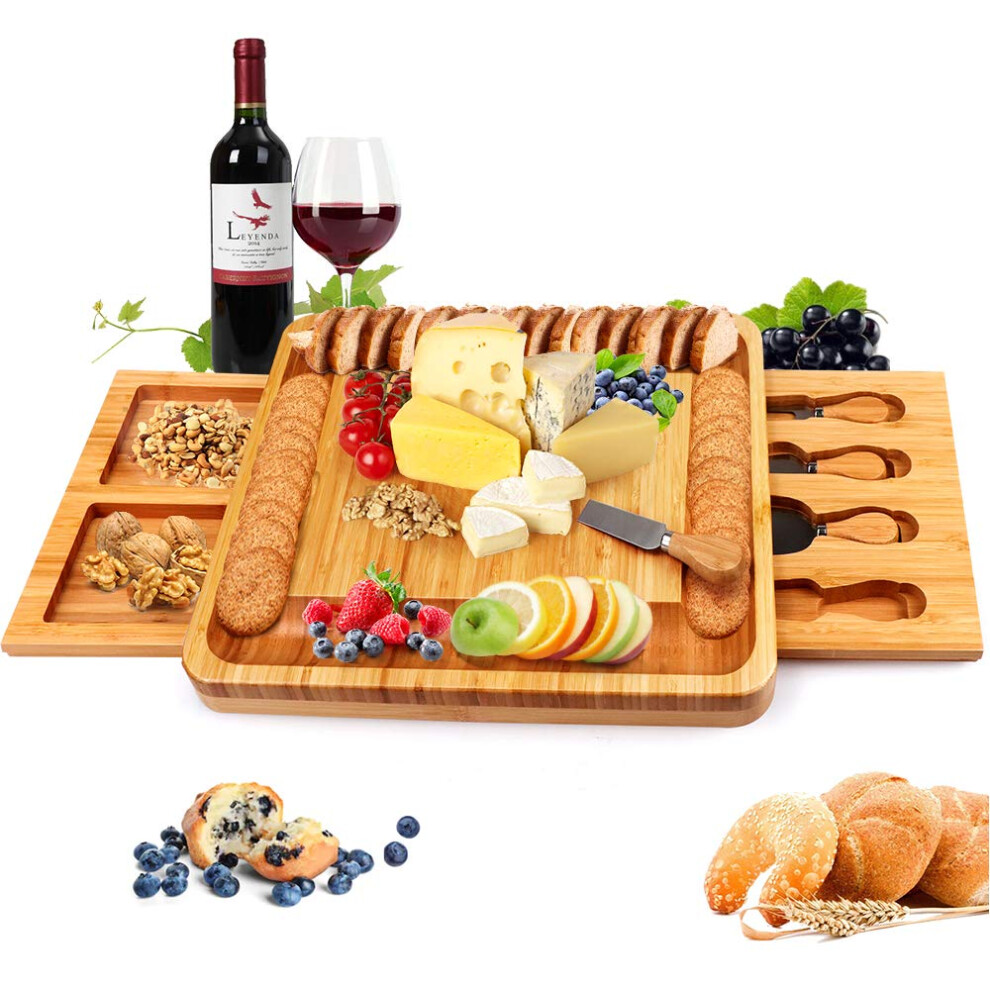Bossjoy Bamboo Cheese Board With Cheese Tools, Cheese Plate Charcuterie Board Platter Set Serving Tray For Wine Cracker Brie And Meat, Large Thick Wooden