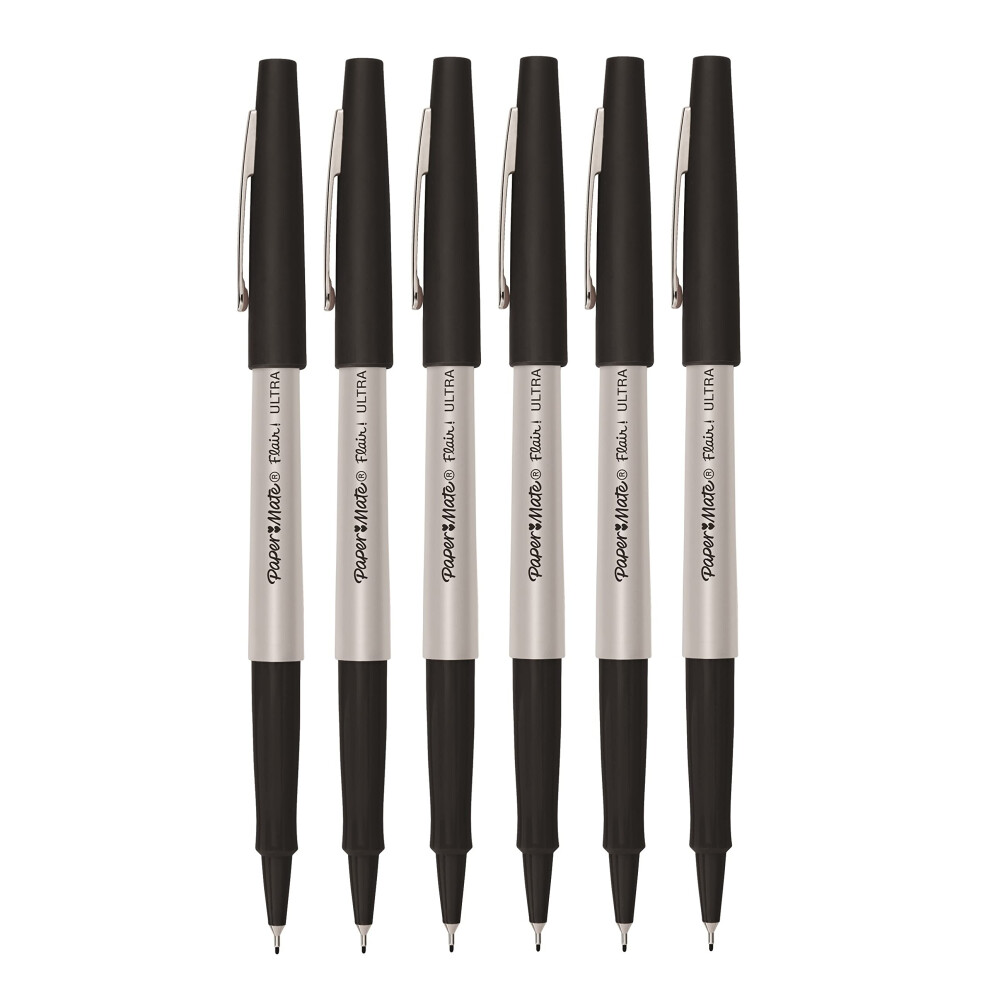 Paper Mate Flair Fineliner Pens - Ultra Fine Point 0.4Mm - Black Ink - Pack Of 6