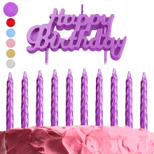 Purple Birthday Cake Candles Set – 10-Pack Spiral Metallic Candles and Happy Birthday Letter Candles Cake Topper – Glitter B-Day Candles and Cake
