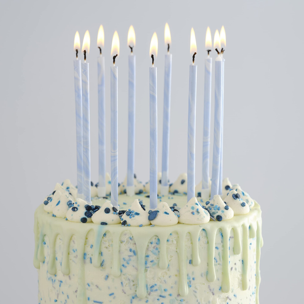 Tall Blue Thin Marble Birthday Cake Candle with Holders Pack of 12,18 cm