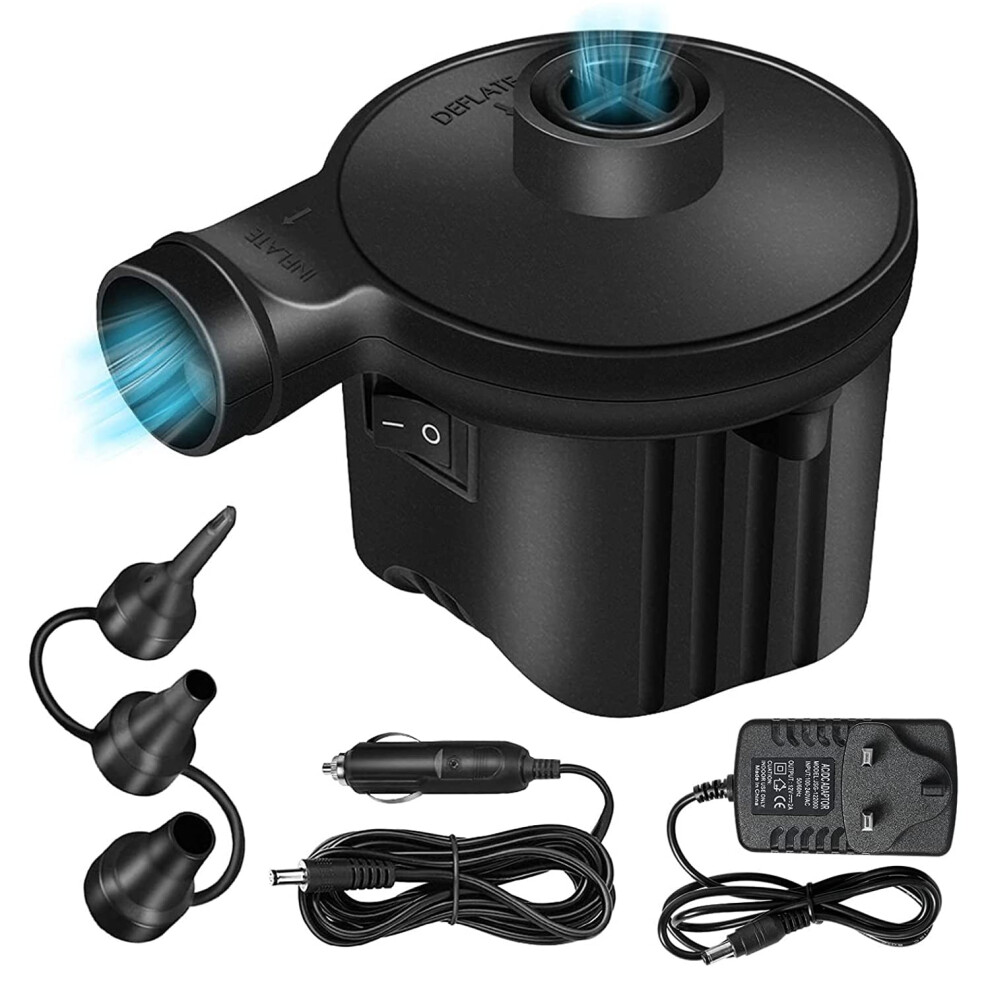 Electric Air Pump, 2 in 1 Portable Home/Car Use Electric Pumps for Quick Inflator Deflator with 3 Nozzles, Camping Air Pumps AC 240V/DC 12V for