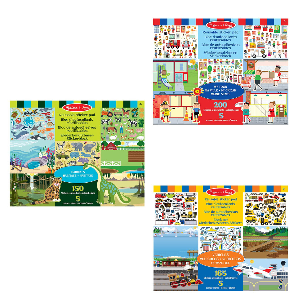 Melissa & Doug Reusable Sticker Book Bundle - My Town, Vehicles, Animal & Dinosaur Sticker Book | Travel Toys For Toddlers On Plane | Reusable Stickers For Children
