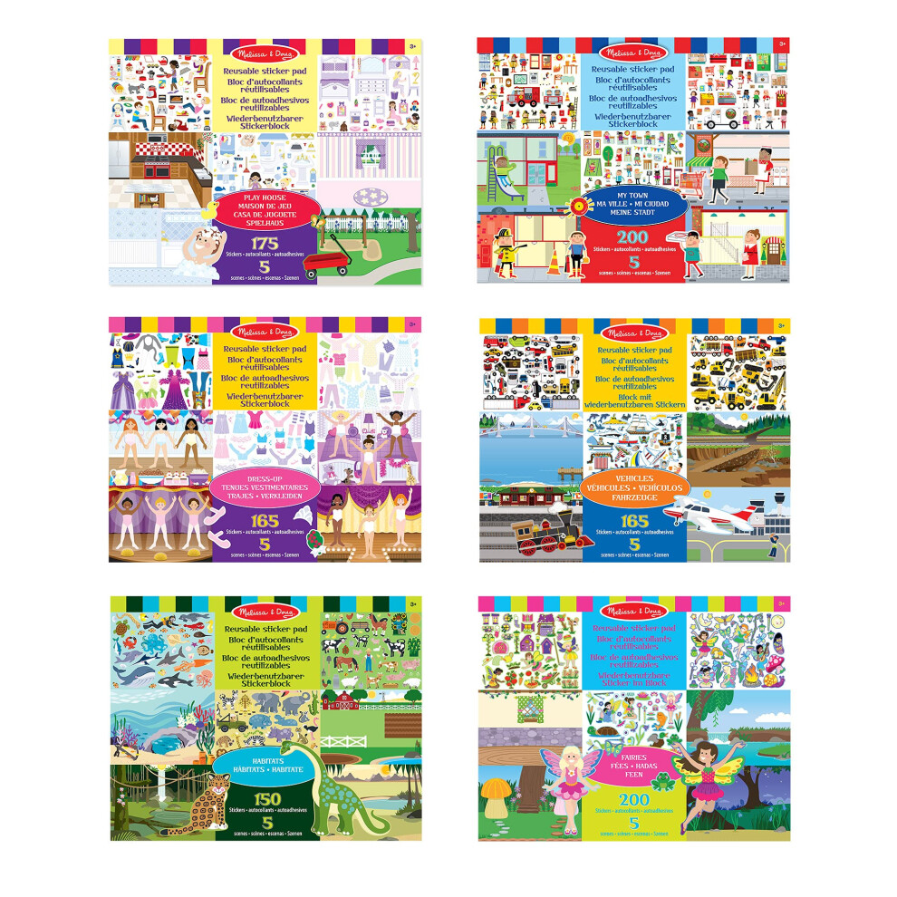 Bundle of 6 Reusable Sticker Pads - Play House, Dress-Up, Habitats, My Town, Vehicles and Fairies | Activity Pad | Sticker Pad | 3 years+ | Gift for