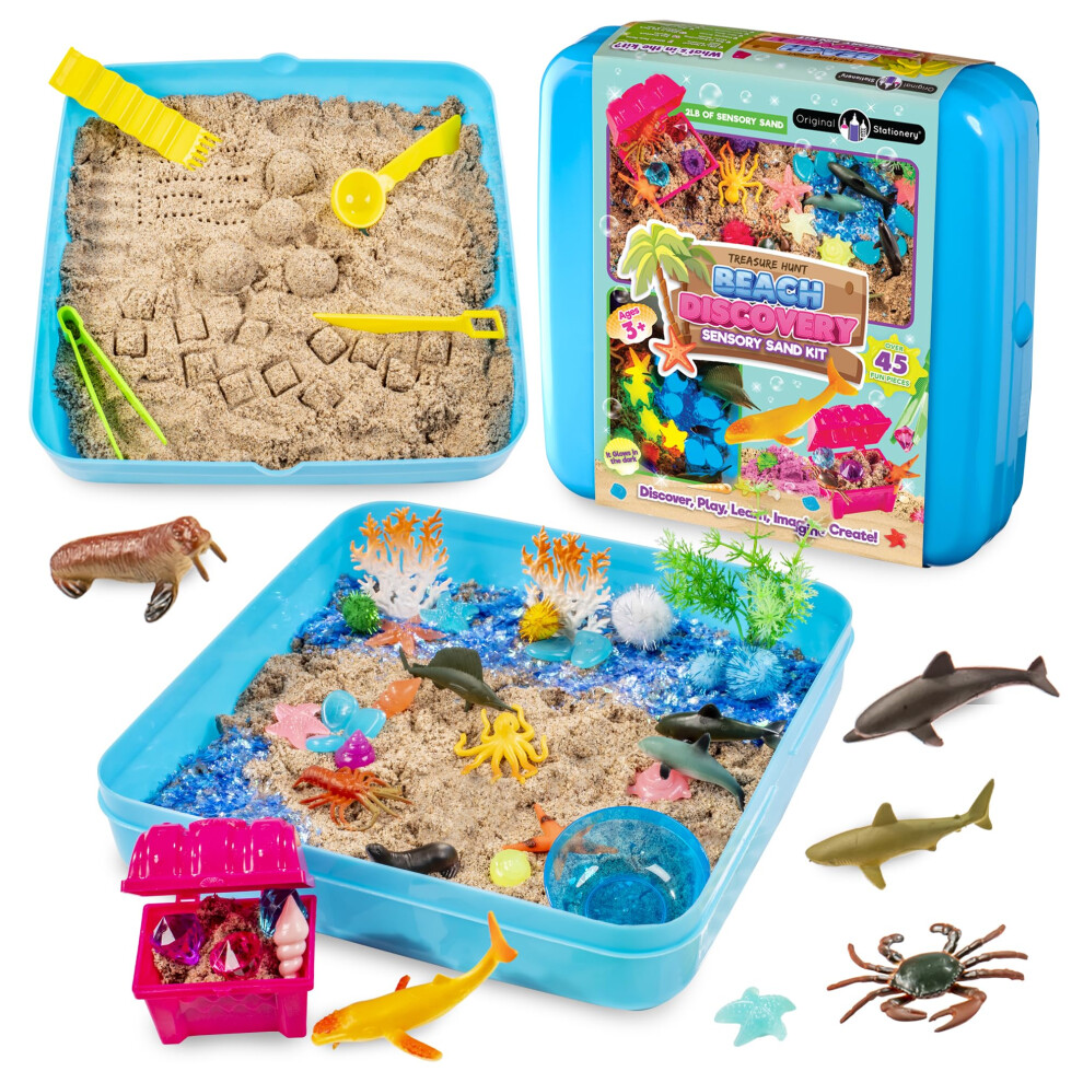 Original Stationery Dark Beach Discovery Sensory Bin Kit, Sensory Box With 2Lbs Play Sand, 4 Kids Toys Tools, And Glow In The Sea Creature Beach Toys