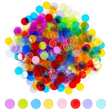 500 Transparent 8 Color Clear Bingo Counting Chip Plastic Markers (Each Measures 3/4 inch in Diameter)
