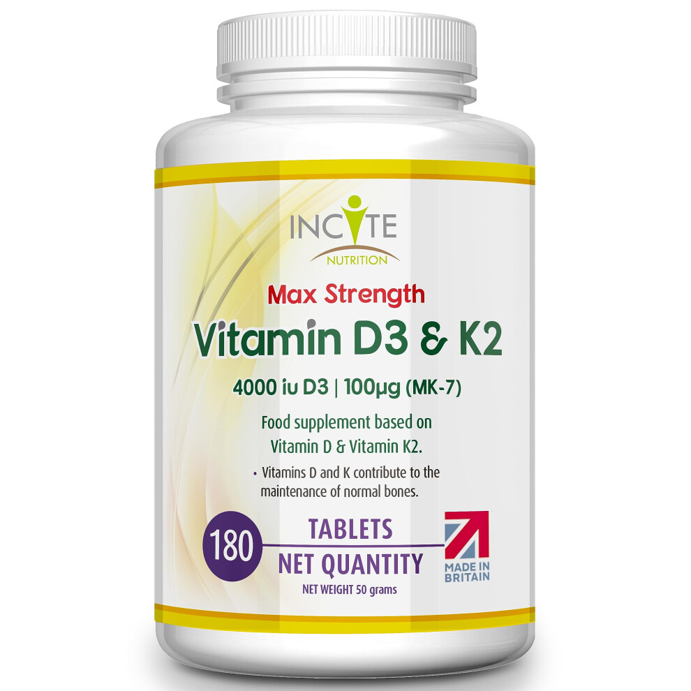 Vitamin D3 K2 (MK7) 100 UG - Vitamin D3, 4000iu & Vitamin K2-180 Premium Vegetarian Tablets - 6 Month's Supply - High Strength Quality - Made in The