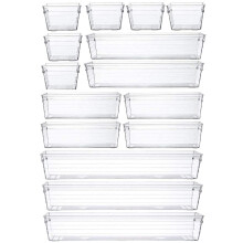 15 PCS Clear Plastic Drawer Organizer Tray for Makeup, Kitchen Utensils, Jewelries, and Gadgets