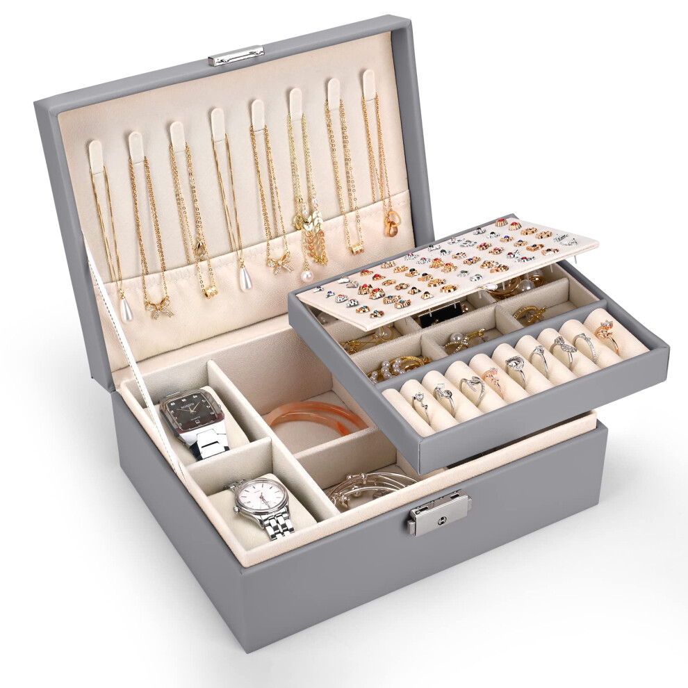 Pystuvo Jewellery Box For Women, 2-Layer Large Jewellery Organiser Box With 2 Watch Pillows, Pu Leather, Travel Jewellery Organiser For Earrings Rings