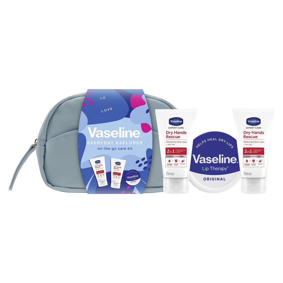On-The-Go Beauty Bag Gift Set with 2 anti-bac hand creams and a lip balm for moisturised lips and hands 3 piece