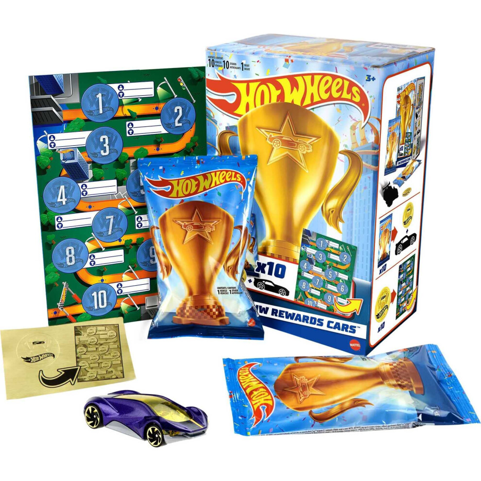 Hot Wheels Hw Rewards Cars Themed Assorted 10-Pack Of Individually Wrapped 1:64 Scale Vehicles & Gold Stickers, Gifts For Kids 3 Years Old & Older, Hgj94